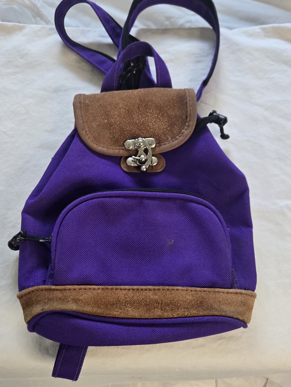 Purple Mini Backpack with Brown Suede Trim - Casual Women's Daypack